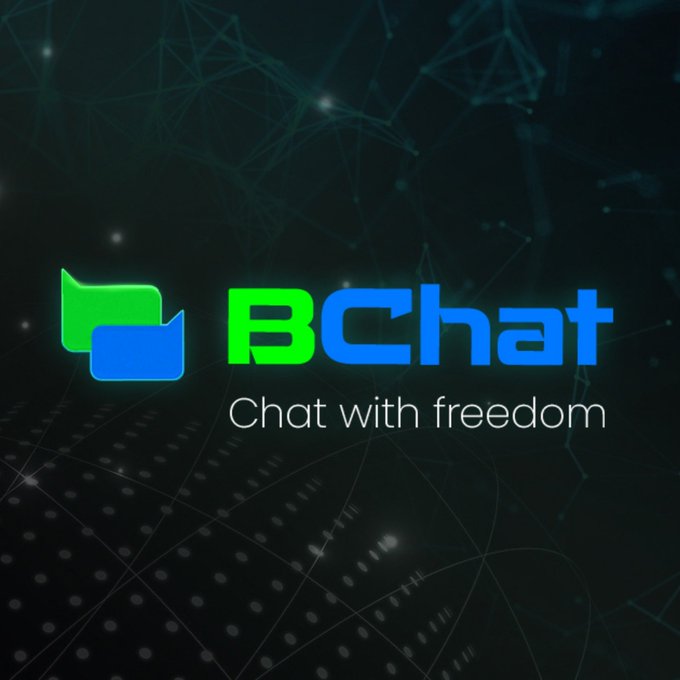 The BChat logo in green and blue with the tagline 'Chat with freedom' against a dark network-themed background.