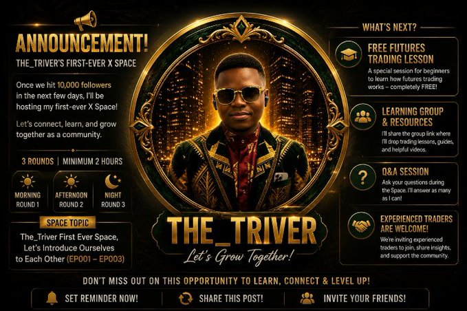 Promotional graphic announcing 'THE_TRIVER'S FIRST-EVER X SPACE' titled 'Let's Grow Together!' featuring a central image of a man in sunglasses and patterned jacket, with details about 3 rounds, a free futures trading lesson, and a learning group.