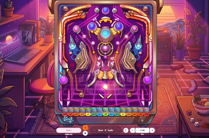 A vibrant pinball machine themed around a synthesizer/daw interface, featuring music knobs, faders, and musical elements on the playfield, sits in a cozy purple-hued gaming room. The screen shows "Shot: 0 balls" and a ball value of "2.20," reflecting the post's invitation to reimagine a "Pinball Original" with any theme, here transforming classic pinball into a music production concept.