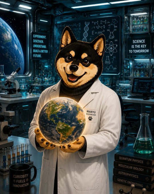 A Shiba Inu mascot wearing a white lab coat with a "MANYU Researcher" name tag holds a glowing Earth in a futuristic science lab, with motivational signs reading "EXPERIMENT, DISCOVER, UNDERSTAND, BUILD A BETTER FUTURE" and "SCIENCE IS THE KEY TO TOMORROW," alongside a stack of books labeled "Quantum Physics, Molecular Biology, Astrophysics, Genetic Engineering" and a mug reading "Curiosity Fuels Innovation." The image visually reinforces the $MANYU 1-year anniversary message by depicting the token's mascot as a diligent researcher holding the world—symbolizing a year of vision, scientific curiosity, and relentless hard work building something bigger than itself.