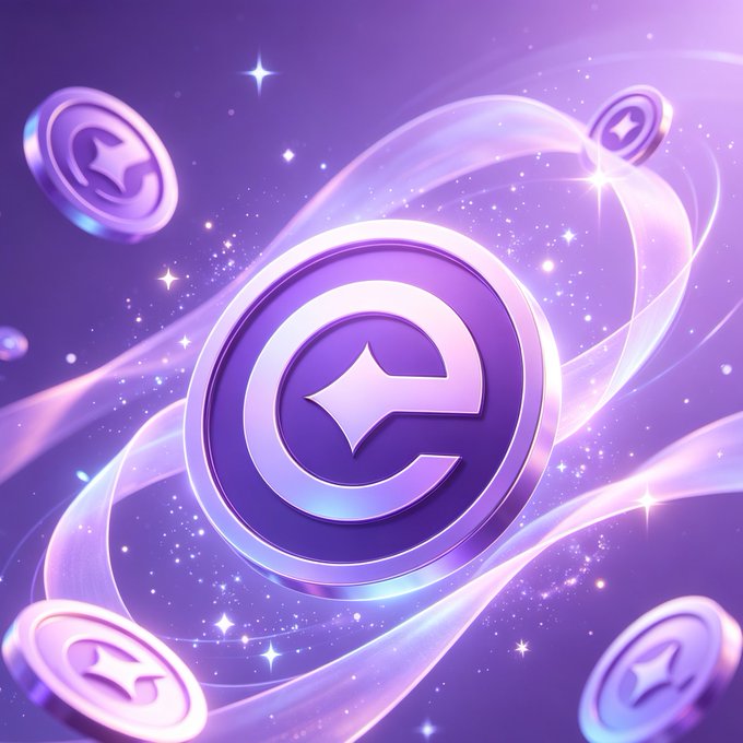 A purple-themed digital art piece featuring a stylized 'C' or crypto coin logo with star accents and glowing ribbon-like swirls in the background.