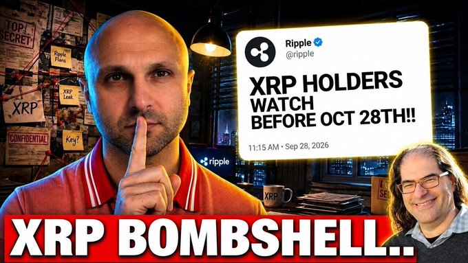 A YouTube thumbnail featuring a man holding a finger to his lips, with text reading 'XRP HOLDERS WATCH BEFORE OCT 28TH!!' and 'XRP BOMBSHELL...', alongside an image of Brad Garlinghouse.