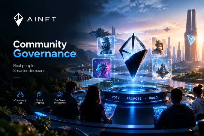 An AINFT promotional graphic titled 'Community Governance' with the tagline 'Real people. Smarter decisions.' showing people gathered around a glowing Ethereum-themed hologram, with icons labeled 'Community Lead,' 'Vote & Propose,' and 'On-Chain Intelligence' and a platform displaying 'VOTE · PROPOSE · BUILD.'