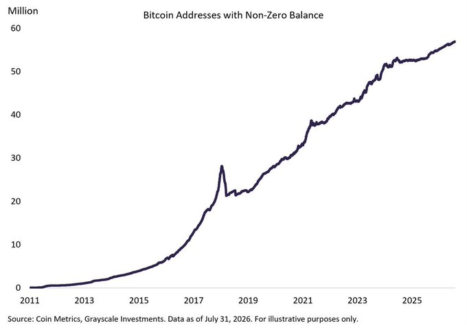 A line chart titled 'Bitcoin Addresses with Non-Zero Balance' showing growth from near 0 in 2011 to approximately 57 million by 2025, with a notable spike around 2018, sourced from Coin Metrics and Grayscale Investments as of July 31, 2026.