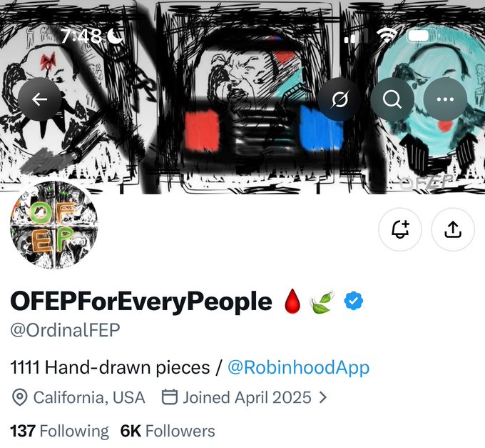 A Twitter/X profile page for @OrdinalFEP (OFEPForEveryPeople) with 6K followers, showcasing hand-drawn black-and-white artwork in the banner and a profile picture featuring "OFEP" lettering. The account promotes "1111 Hand-drawn pieces" in partnership with @RobinhoodApp, based in California, aligning with the post announcing a collaboration for 1111 supply of hand-drawn art on Robinhood Chain with guaranteed spots available.