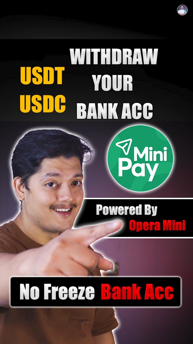 The image is a YouTube thumbnail featuring a man pointing toward the right, where the green MiniPay logo appears with text "Powered By Opera Mini," promoting an instant USDT/USDC withdrawal feature with "No Freeze Bank Acc." The graphic visually reinforces the post's message about MiniPay's beta launch for Indian users, highlighting its crypto-to-bank withdrawal capabilities as an alternative to traditional banking apps.