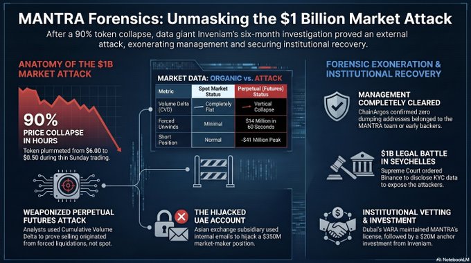 The image displays an infographic titled "MANTRA Forensics: Unmasking the $1 Billion Market Attack" and explains the current state of a market attack, which shows that 90% of the affected tokens were sold within just four hours. The infographic also mentions that the @MANTRA_Chain team was involved in a targeted external attack and released a massive report detailing what happened during the crash.
