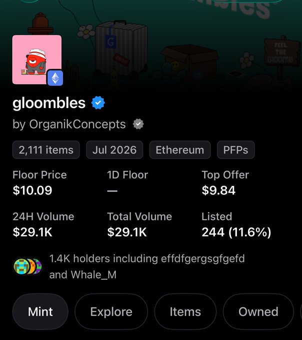 The image shows the NFT collection "Gloombles" by OrganikConcepts on Ethereum, with a floor price of $10.09, 24H volume of $29.1K, and 1.4K holders. The stats support the post's claim that Gloombles remains a worthwhile mint despite not securing a spot, highlighting it as a potential good entry point given its modest pricing and active trading volume.