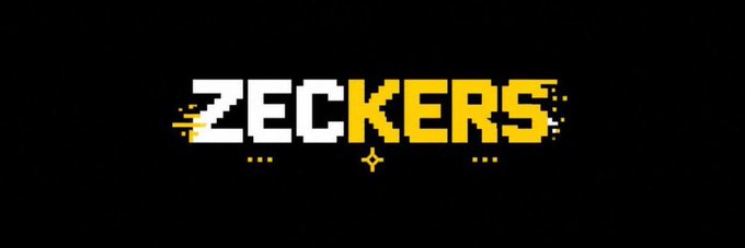 A black banner displays the stylized text "ZECKERS" in white and yellow pixelated/blocky font with digital glitch effects, matching the @ZeckersNFT brand referenced in the giveaway post for 10 guaranteed spots.
