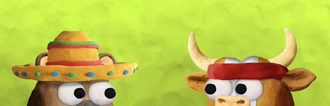 An illustration of a bear wearing a sombrero and a bull wearing a red headband on a green background.