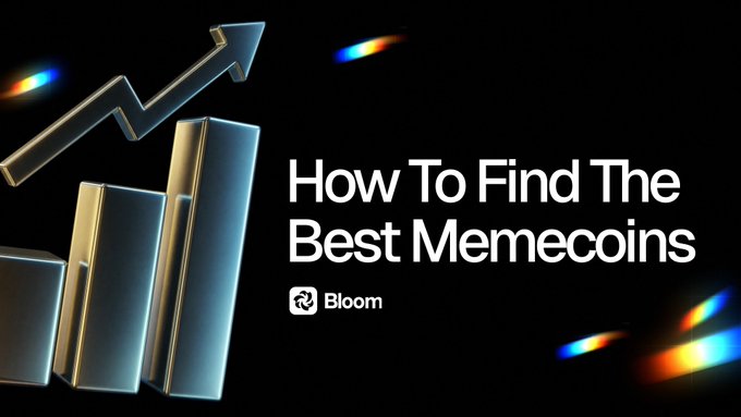 Thumbnail-style graphic reading "How To Find The Best Memecoins" with a Bloom logo, showing an ascending chart and arrow.