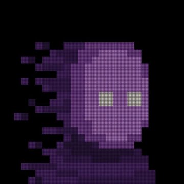 A pixelated, glitch-style purple ghost-like figure with two white pixelated eyes is depicted against a black background, evoking a retro 8-bit arcade aesthetic that complements the cryptic, anonymous vibe of an NFT collection minted on Zcash under the username "@zksnarks_." The eerie digital specter embodies the privacy-focused, cryptographic spirit of Zcash's zero-knowledge proof technology.