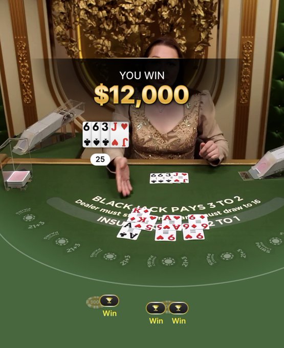The image shows a live dealer blackjack game with a "YOU WIN $12,000" notification, displaying the player's hand of 6-6-3-J and dealer's 5-A-6-9. The "I doubled that A 5" caption references the winning blackjack hand shown on screen, though the post's request to "Drop your Solana wallets" appears to be a scam attempt unrelated to the legitimate casino gameplay displayed.