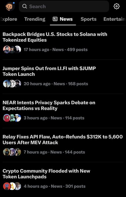A mobile news feed displaying crypto headlines including "Backpack Bridges U.S. Stocks to Solana with Tokenized Equities," "Jumper Spins Out from LI.FI with $JUMP Token Launch," "NEAR Intents Privacy Sparks Debate on Expectations vs Reality," "Relay Fixes API Flaw, Auto-Refunds $312K to 5,600 Users After MEV Attack," and "Crypto Community Flooded with New Token Launchpads."