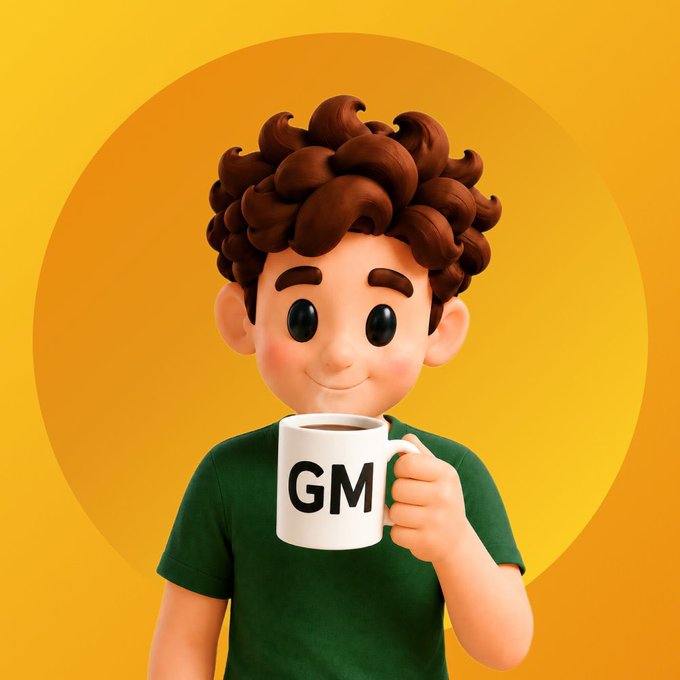 A 3D cartoon illustration of a curly-haired boy wearing a green shirt against a yellow background, holding a white mug labeled 'GM' that represents a friendly greeting in crypto/internet culture.