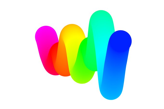 A colorful logo featuring overlapping curved shapes in a gradient of pink, yellow, green, blue, and orange hues, resembling a stylized letter 'W' on a white background.