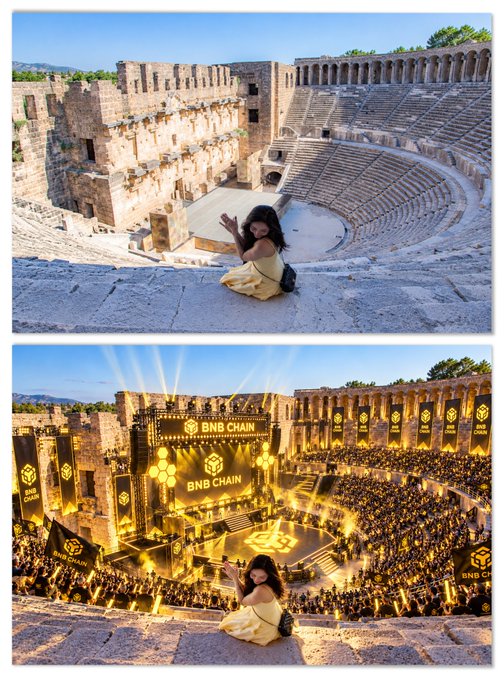 Two photos of a woman in a yellow dress posing at an ancient amphitheater, with the bottom image digitally edited to show a large 'BNB CHAIN' concert stage and crowd in the venue.