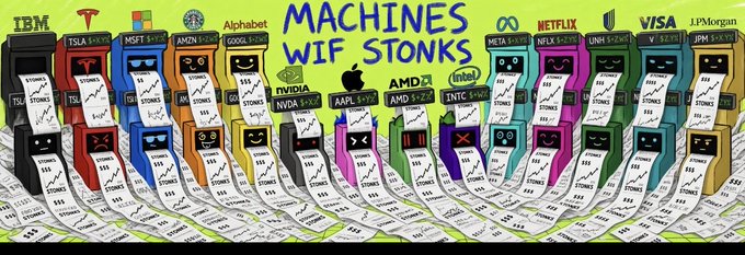 A colorful cartoon illustration titled 'MACHINES WIF STONKS' depicting anthropomorphized stock tickers (IBM, TSLA, MSFT, AMZN, GOOGL, FB, NVDA, AAPL, AMD, INTC, META, NFLX, UNH, V, JPM) as printers generating endless paper with rising charts.