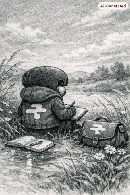 An AI-generated pencil sketch of a hooded figure wearing a gas mask, sitting in a grassy field while writing in a notebook, with a satchel beside them bearing a logo.