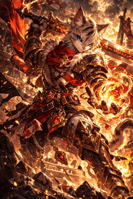A fierce feline warrior clad in ornate armor wields a fiery sword and conjures a glowing orb of flames against a backdrop of burning ruins and battlefield banners. The image embodies the post's call to action for "Odin Arena Season 39," visually representing the "Cat Warriors" summoned to battle for the 400,000 NCG prize pool.