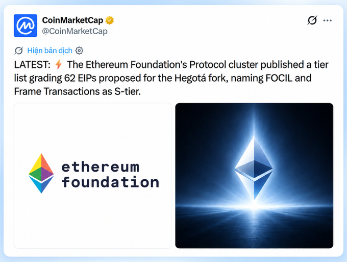 A CoinMarketCap tweet announcing the Ethereum Foundation's Protocol cluster published a tier list grading 62 EIPs proposed for the Hegotá fork, with images of the Ethereum Foundation logo and a glowing Ethereum symbol.