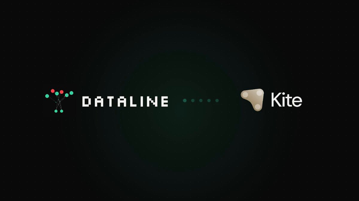 The image features a logo for a company named "Dataline Kite". The logo consists of two lines of text that say "Data" and "Kite", along with a small picture of a kite below them. The background is black, which contrasts with the white text on the logo. The image also includes some text that reads "Welcome @GoKite AI to the Dataline Launch Partner cohort. Kite Chain settles agent transactions in sub-second finality. Dataline is the data layer those agents call before settling: spot, perp funding, prediction markets, in one structured response."