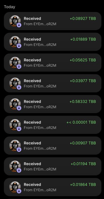 A mobile app transaction history displaying a series of small 'Received' TBB token transfers from 'EYEm...0R2M' with tiny decimal amounts.
