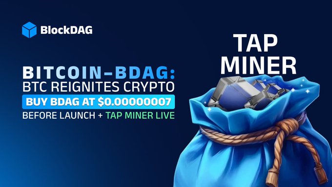 The promotional image features the BlockDAG logo and text reading "BITCOIN–BDAG: BTC REIGNITES CRYPTO — BUY BDAG AT $0.00000007 BEFORE LAUNCH + TAP MINER LIVE," alongside a blue sack overflowing with BlockDAG tokens and a bold "TAP MINER" headline. It visually reinforces the post's message about Bitcoin's 24% surge and the opportunity to buy BDAG at its presale price before launch.
