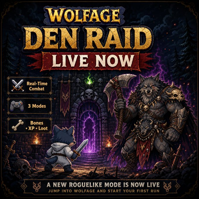 A promotional graphic for "Wolfage Den Raid" with "LIVE NOW" featured prominently, depicting a small wolf adventurer with a sword facing off against a massive armored wolf warrior wielding an axe in front of a dark dungeon entrance. The image highlights three key features—Real-Time Combat, 3 Modes, and Bones, XP, Loot—and includes the tagline "A New Roguelike Mode Is Now Live," visually reinforcing the post's announcement of the new adventure mode available at wolfswap.gg.