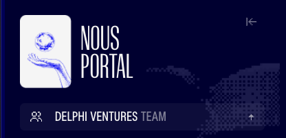 A dark blue graphic displays "NOUS PORTAL" and "DELPHI VENTURES TEAM" next to a white square icon with a hand holding a globe.