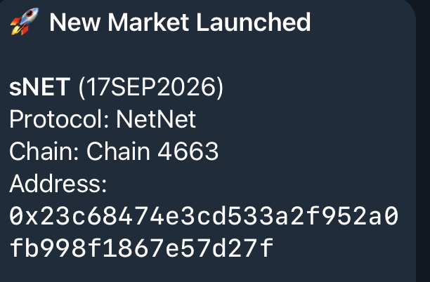 An on-screen announcement for a new cryptocurrency market titled "sNET (17SEP2026)", listing its protocol as "NetNet", chain as "Chain 4663", and providing a blockchain address.