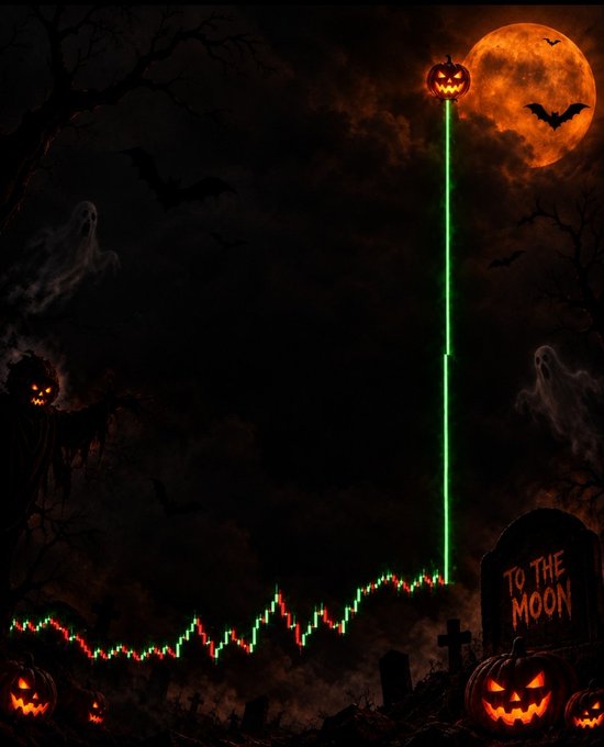 A Halloween-themed graphic shows a stock market chart with a green line shooting straight up toward a jack-o'-lantern and an orange full moon, featuring a tombstone that reads 'TO THE MOON'.