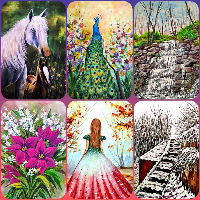 The image features a collage of six different paintings depicting various scenes related to nature, including flowers, trees, birds, and waterfalls. The paintings are arranged in two rows with three paintings each. One painting shows a beautiful white horse grazing on grass, while another depicts a peacock standing proudly amidst colorful flowers. A third painting showcases a waterfall cascading down rocks, surrounded by lush greenery. The fourth painting features a girl dressed in a long dress walking through the woods, and the fifth painting captures a serene winter scene with snow-covered trees and a frozen river.
