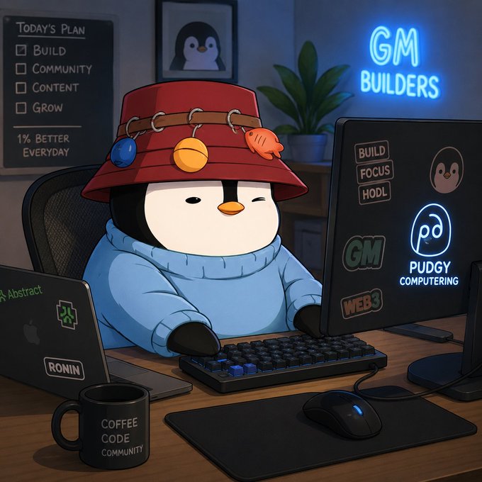 A cartoon penguin wearing a red bucket hat and blue sweater sits at a desk with multiple monitors displaying "GM BUILDERS," "PUDGY COMPUTING," and "WEB3," alongside a laptop labeled "RONIN" and a coffee mug reading "COFFEE CODE COMMUNITY," perfectly capturing the motivational Monday "GM" builder mindset of locking in and shipping small wins.