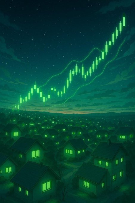 Digital artwork depicting a nighttime suburban landscape with green-lit houses beneath a starry sky, featuring a large green candlestick chart ascending diagonally across the heavens.