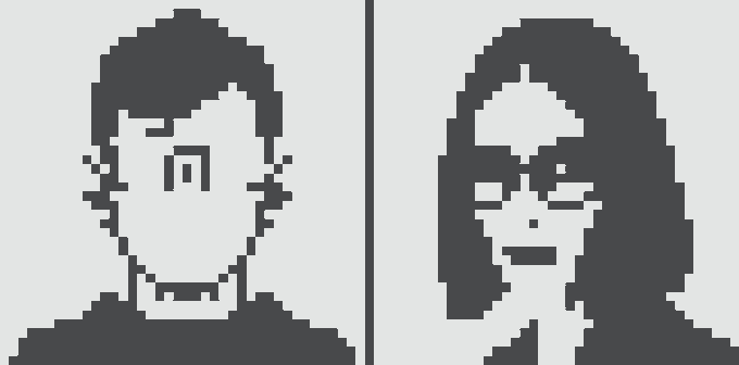 Two low-resolution pixelated grayscale portraits side by side, one of a man with glasses and one of a woman with long hair.