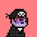 Small pixel art character with purple skin wearing a black beanie and dark jacket, on a pink background.