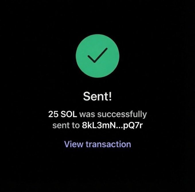 A dark screen displays a green checkmark with the message 'Sent!' indicating '25 SOL was successfully sent to 8kL3mN...pQ7r' with a 'View transaction' link.