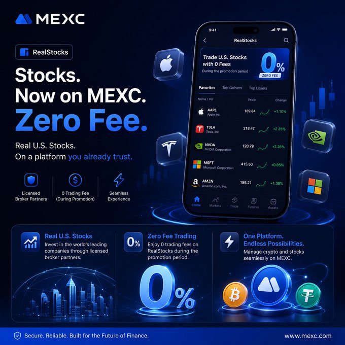 An advertisement for 'MEXC RealStocks' promoting 'Stocks. Now on MEXC. Zero Fee.' alongside a smartphone displaying stock prices for AAPL, TSLA, NVDA, MSFT, and AMZN.