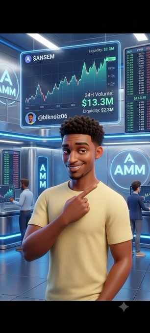 A 3D animated character in a yellow shirt points at a screen displaying 'SANSEM' with '24H Volume: $13.3M', 'Liquidity: $2.3M', and the handle '@blknoiz206' in a futuristic trading room showing 'AMM'.