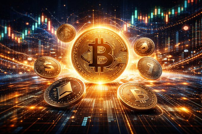 A glowing golden Bitcoin sits at the center surrounded by other cryptocurrency coins, set against a backdrop of stock market candlestick charts. The image symbolizes the digital currencies and trading platforms targeted in the FSB operation to dismantle illegal crypto exchanges laundering funds for Ukrainian scammers in Moscow.