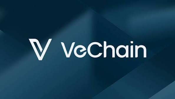 The official VeChain logo and brand name displayed on a dark teal background with a stylized V symbol.