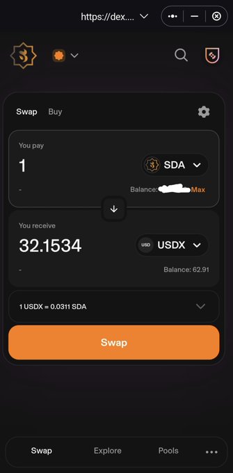 The image shows a cryptocurrency swap interface where 1 SDA is being exchanged for 32.1534 USDX, with a balance of 62.91 USDX and an exchange rate of 1 USDX = 0.0311 SDA displayed. This relates to the post by illustrating the current pricing/swap mechanics, while the announcement signals upcoming improvements to the AI-driven pricing algorithm to stabilize SDA's value during sell-offs.
