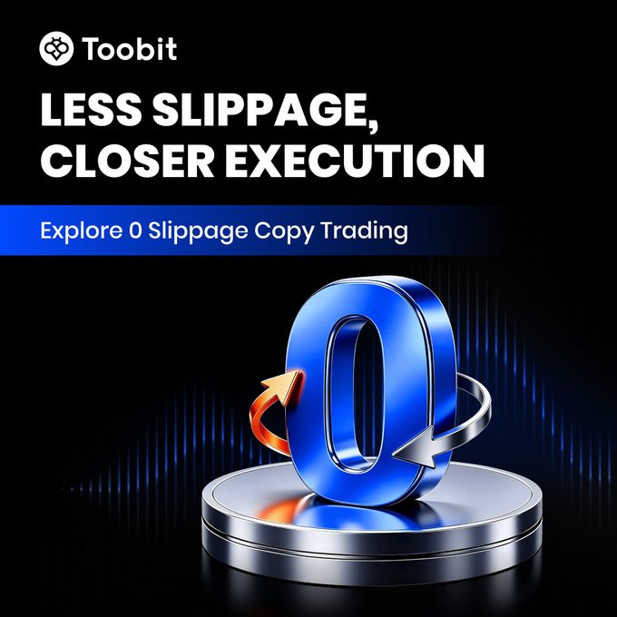 This promotional image features the Toobit cryptocurrency exchange logo in the top left corner with the bold white headline "LESS SLIPPAGE, CLOSER EXECUTION" against a dark background. Below the headline, a blue button reads "Explore 0 Slippage Copy Trading," and the central visual is a stylized blue metallic "0" encircled by orange and silver arrows on a silver platform, directly reinforcing the ad's message about achieving zero slippage when copying trades from lead traders for tighter alignment with their entry and exit prices.