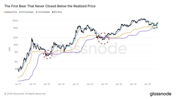 A Glassnode chart titled 'The First Bear That Never Closed Below the Realized Price' showing BTC price, Realized Price, STH Cost Basis, and LTH Cost Basis from January 2017 to January 2026.