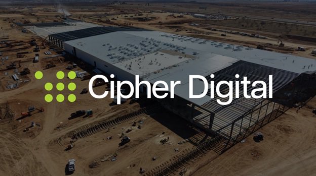An aerial image shows a large Cipher Digital facility under construction or recently built, with the company’s green dot logo and name prominently displayed across the center. The post about $CIFR updates on leasing opportunities (~477 MW across Reveille, Ulysses, and energized capacity) aligns with the image’s depiction of Cipher Digital’s expanding industrial infrastructure supporting these operational developments.