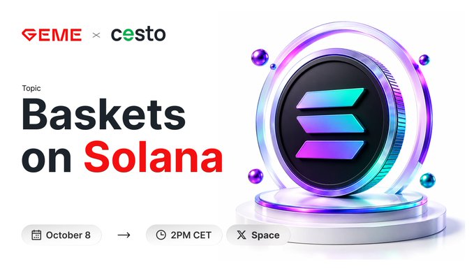 A promotional banner for 'Baskets on Solana' by GEME and costo, scheduled for October 8 at 2PM CET on Space, with a Solana logo graphic.
