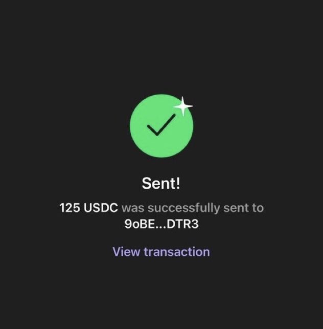 A successful crypto transfer confirmation showing 125 USDC sent to address 9oBE...DTR3, aligning with the post's giveaway announcement encouraging followers to share their Solana wallets to receive rewards.