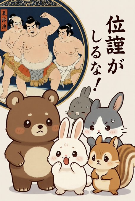 A Japanese-style illustration depicting sumo wrestlers in the background with Japanese text reading '位譲が しなー！' (yield your position), and a group of cute cartoon animals (bear, rabbit, chinchilla, squirrel) in the foreground looking surprised or scared.