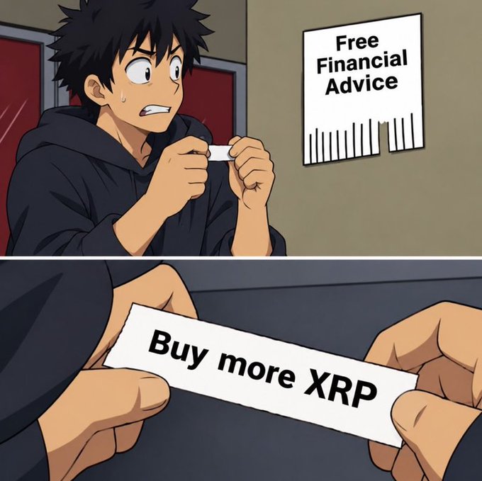 An anime-style comic shows a nervous young man receiving a slip of paper from a 'Free Financial Advice' board, and the close-up of the paper says 'Buy more XRP'.